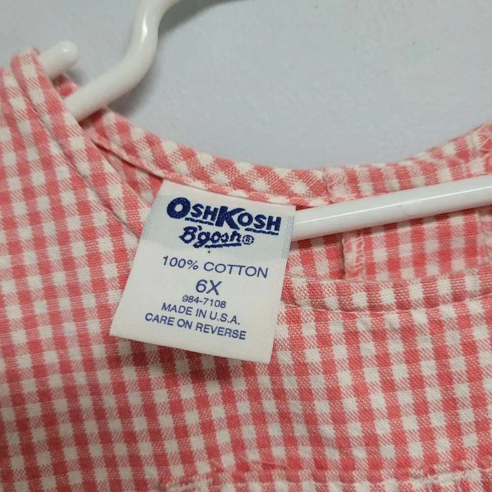 Vintage OshKosh Bgosh Pinafore Dress Girls 6X Pink Gingham Made USA Cotton Plaid